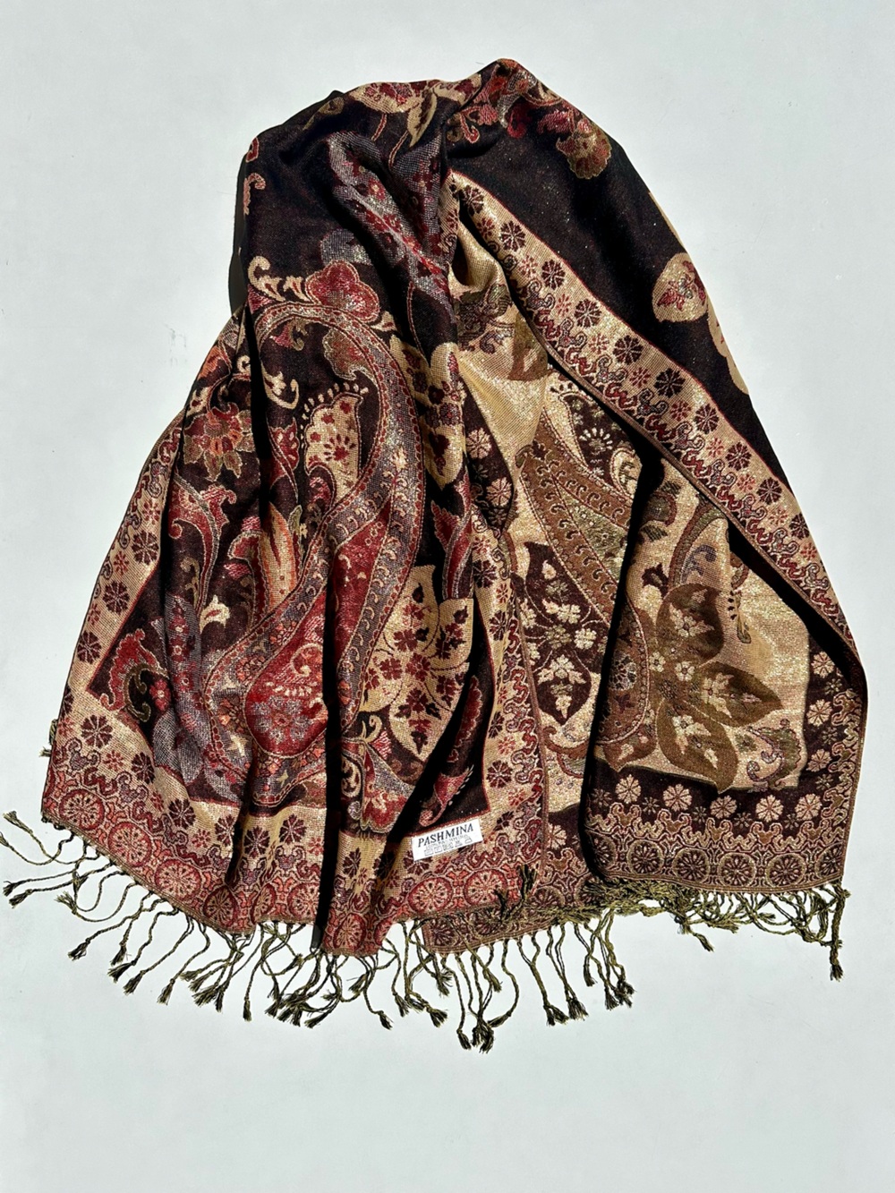 Pashmina Paisley Gold Metallic Shawl Scarf - Brown & Red, Fringe, 75”x28”